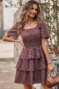 Floral Square Neck Short Sleeve Tiered Ruffle Boho Dresses