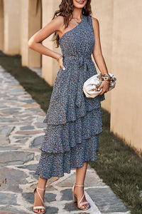 One Shoulder Tiered Ruffle Floral Boho Midi Dress