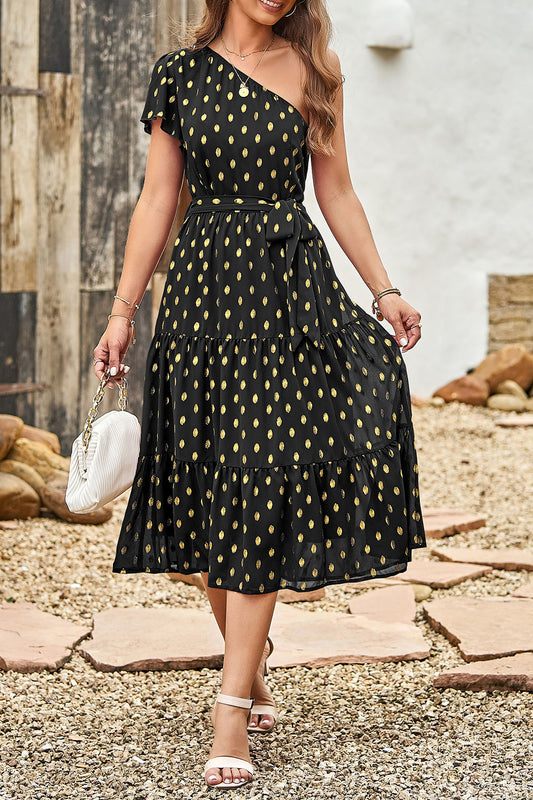 One Shoulder Polka Dot Tiered Ruffle Boho Midi Dress