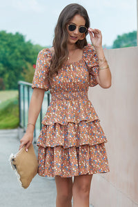 Floral Square Neck Short Sleeve Tiered Ruffle Boho Dresses