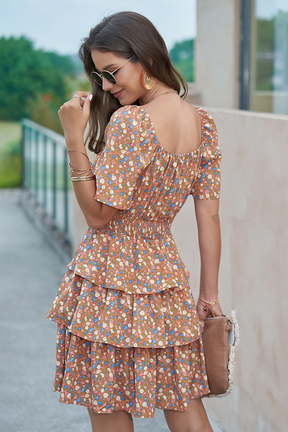 Floral Square Neck Short Sleeve Tiered Ruffle Boho Dresses