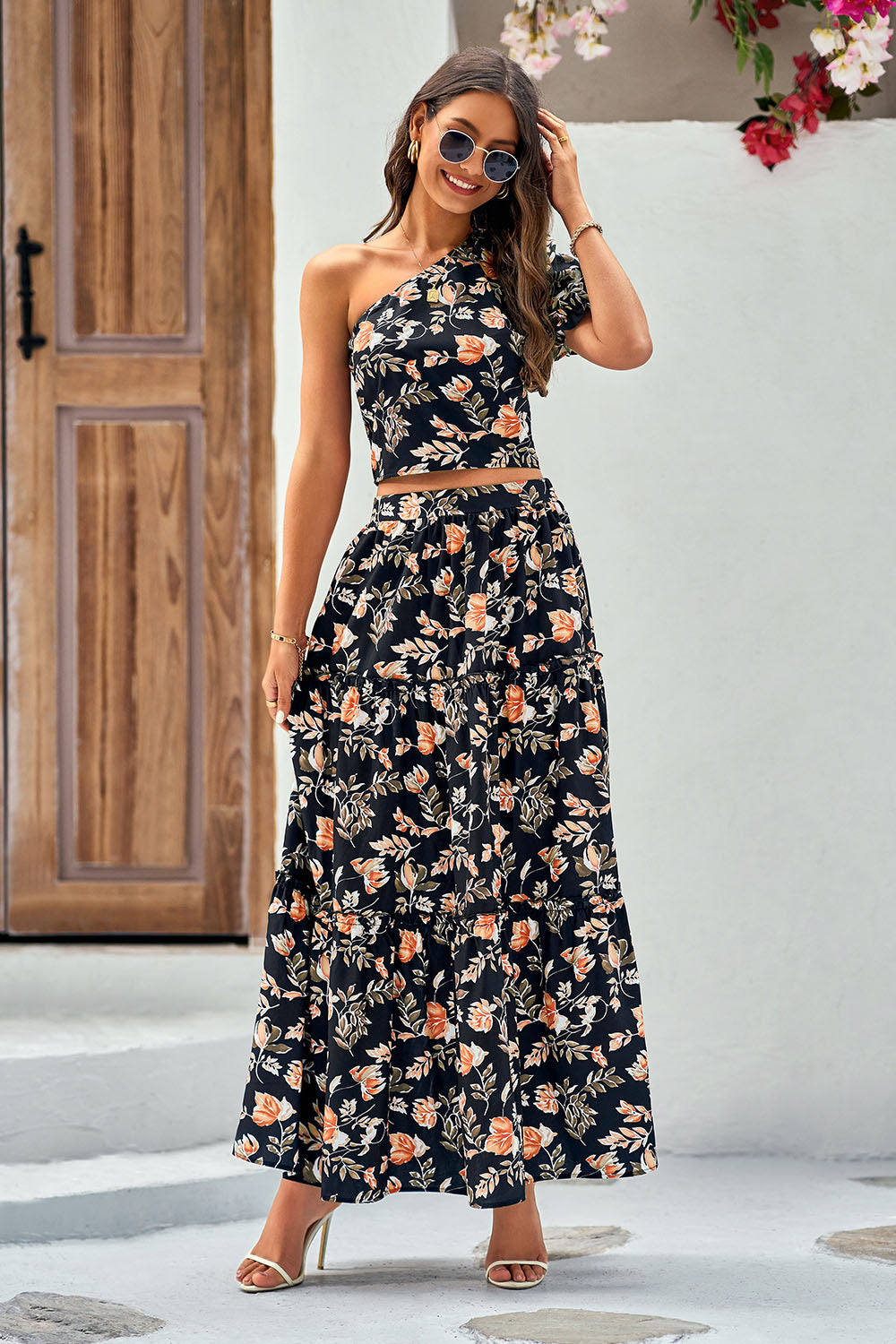 PrettyGarden One Shoulder Crop Top High Waisted Maxi Skirt Set