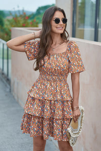 Floral Square Neck Short Sleeve Tiered Ruffle Boho Dresses