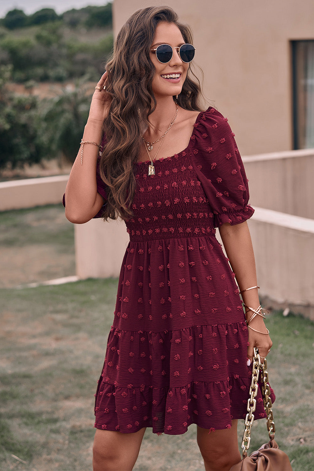 Summer Square Neck Swiss Dot Flowy A Line Swing Dress