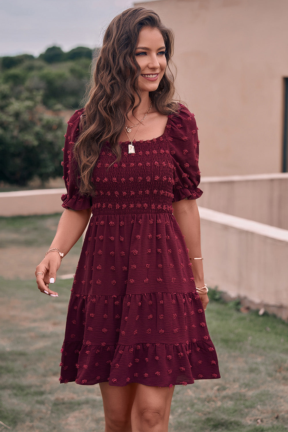 Summer Square Neck Swiss Dot Flowy A Line Swing Dress