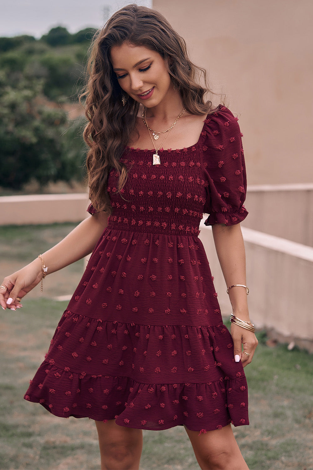 Summer Square Neck Swiss Dot Flowy A Line Swing Dress