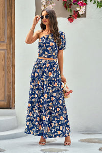 PrettyGarden One Shoulder Crop Top High Waisted Maxi Skirt Set