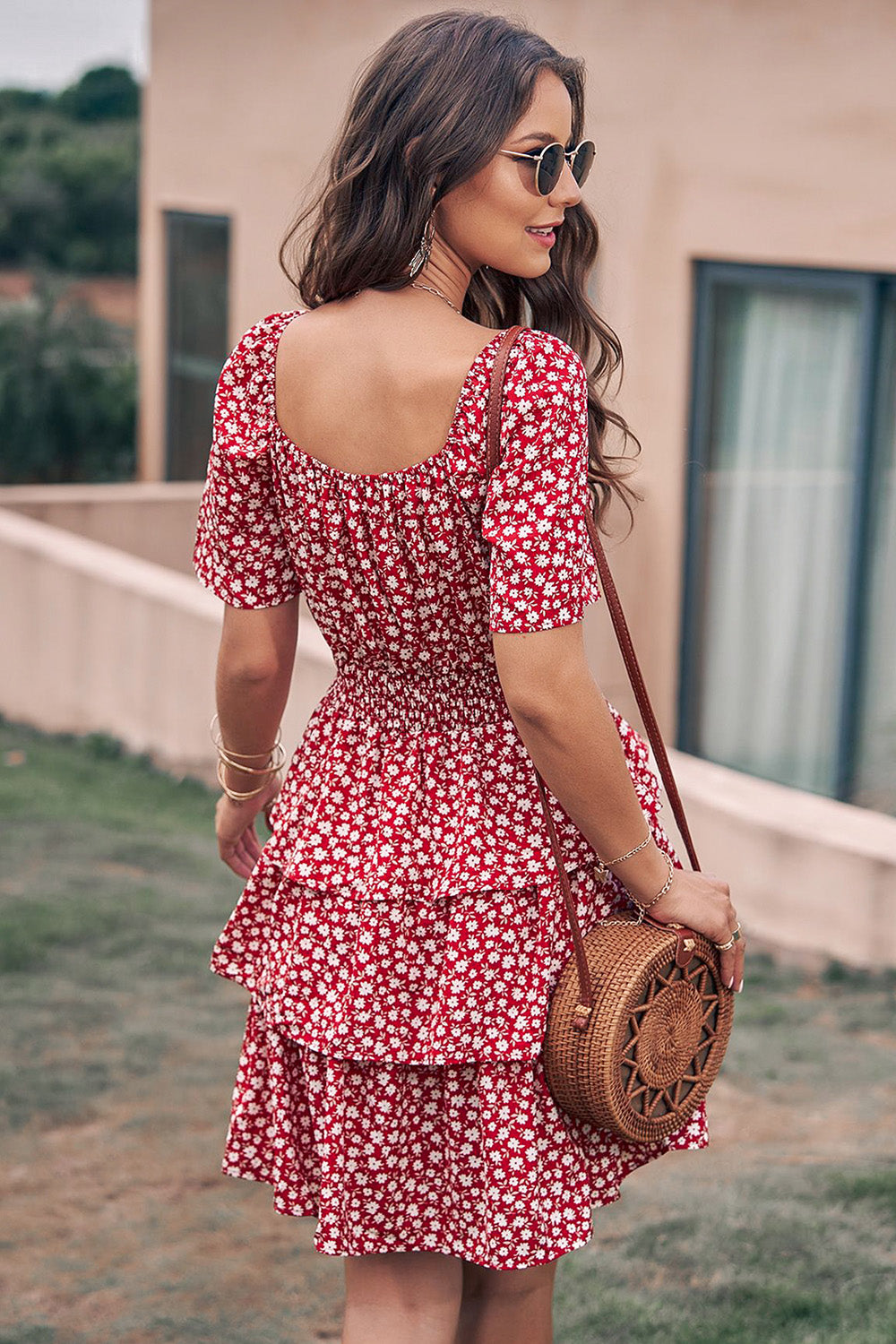 Floral Square Neck Short Sleeve Tiered Ruffle Boho Dresses