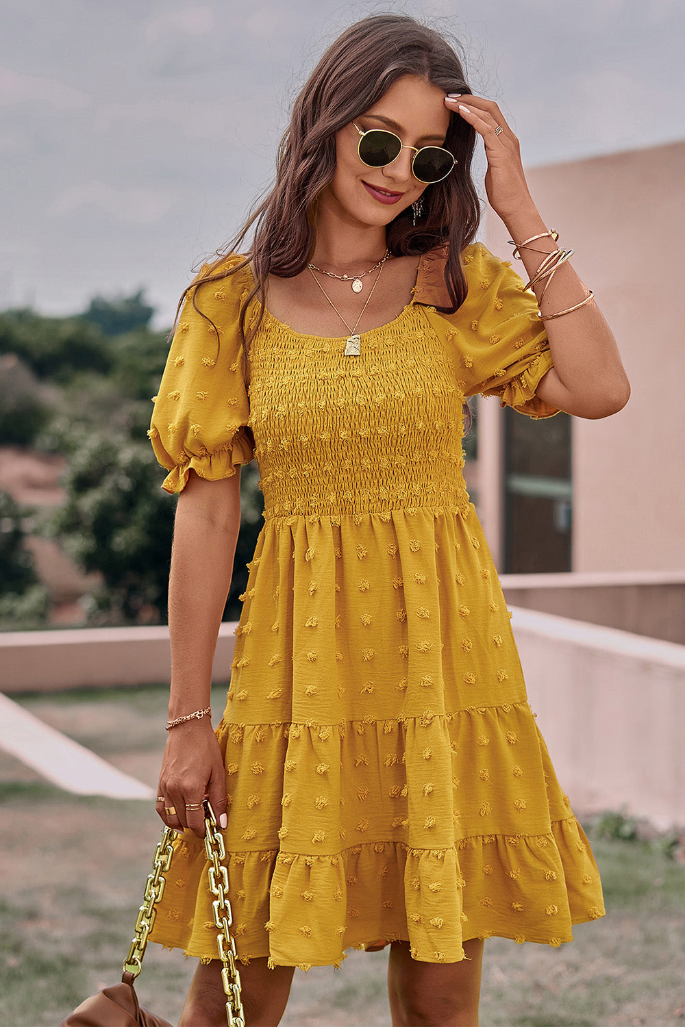 Summer Square Neck Swiss Dot Flowy A Line Swing Dress