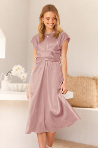 Cap Sleeve Tie Waist Elegant A-Line Midi Dresses