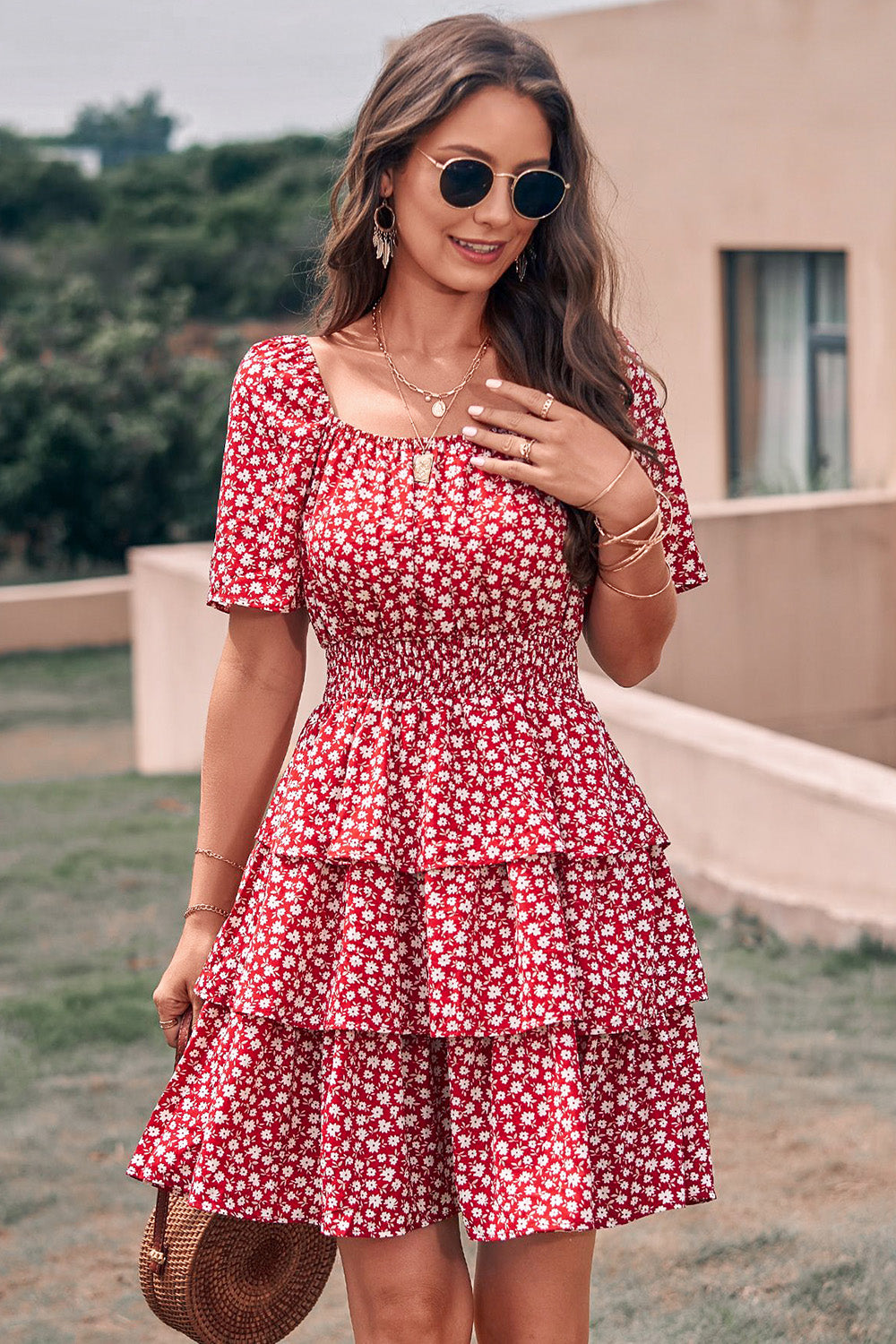 Floral Square Neck Short Sleeve Tiered Ruffle Boho Dresses