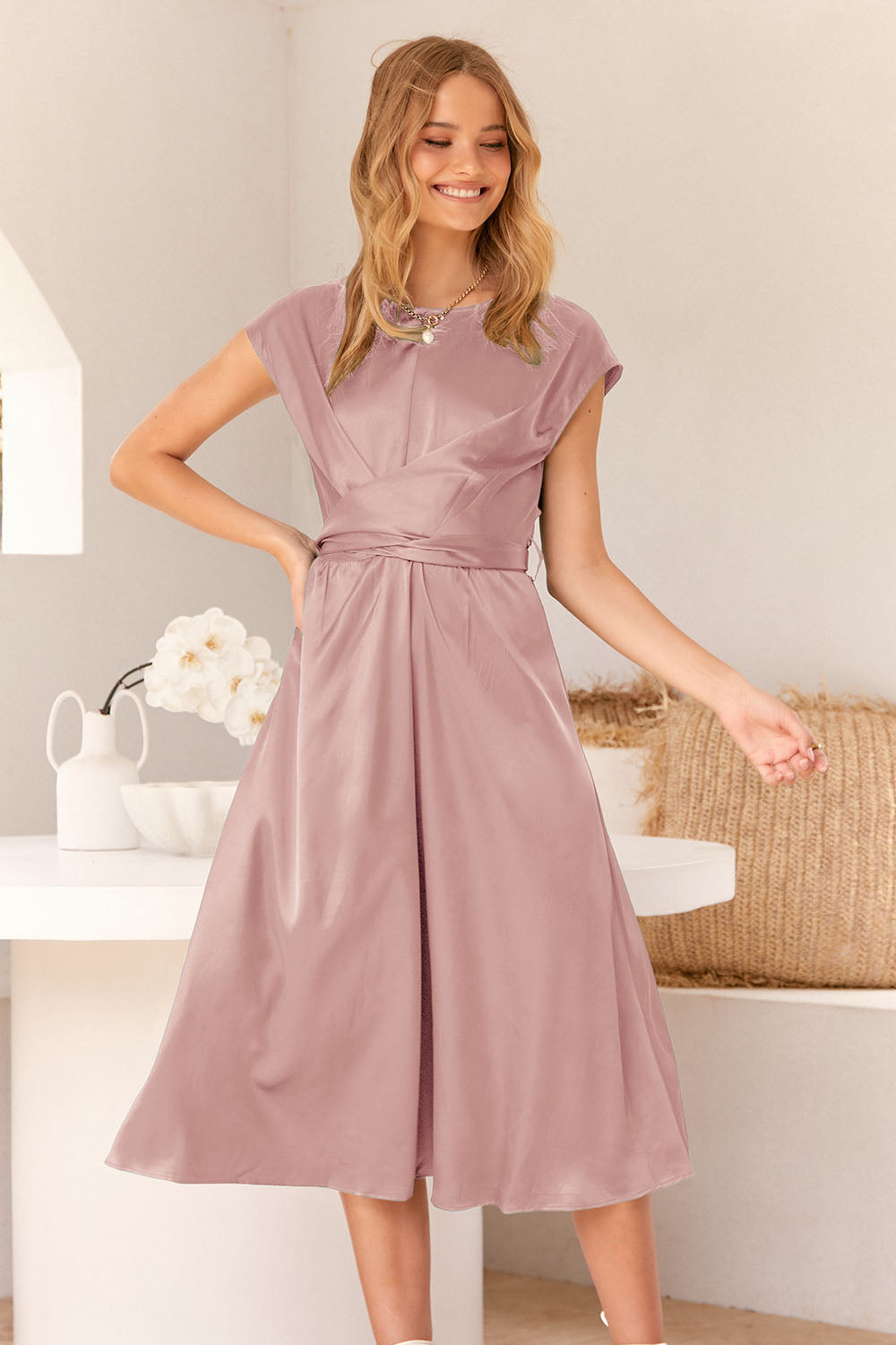 Cap Sleeve Tie Waist Elegant A-Line Midi Dresses