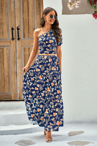 PrettyGarden One Shoulder Crop Top High Waisted Maxi Skirt Set