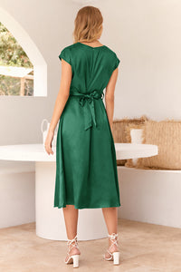 Cap Sleeve Tie Waist Elegant A-Line Midi Dresses