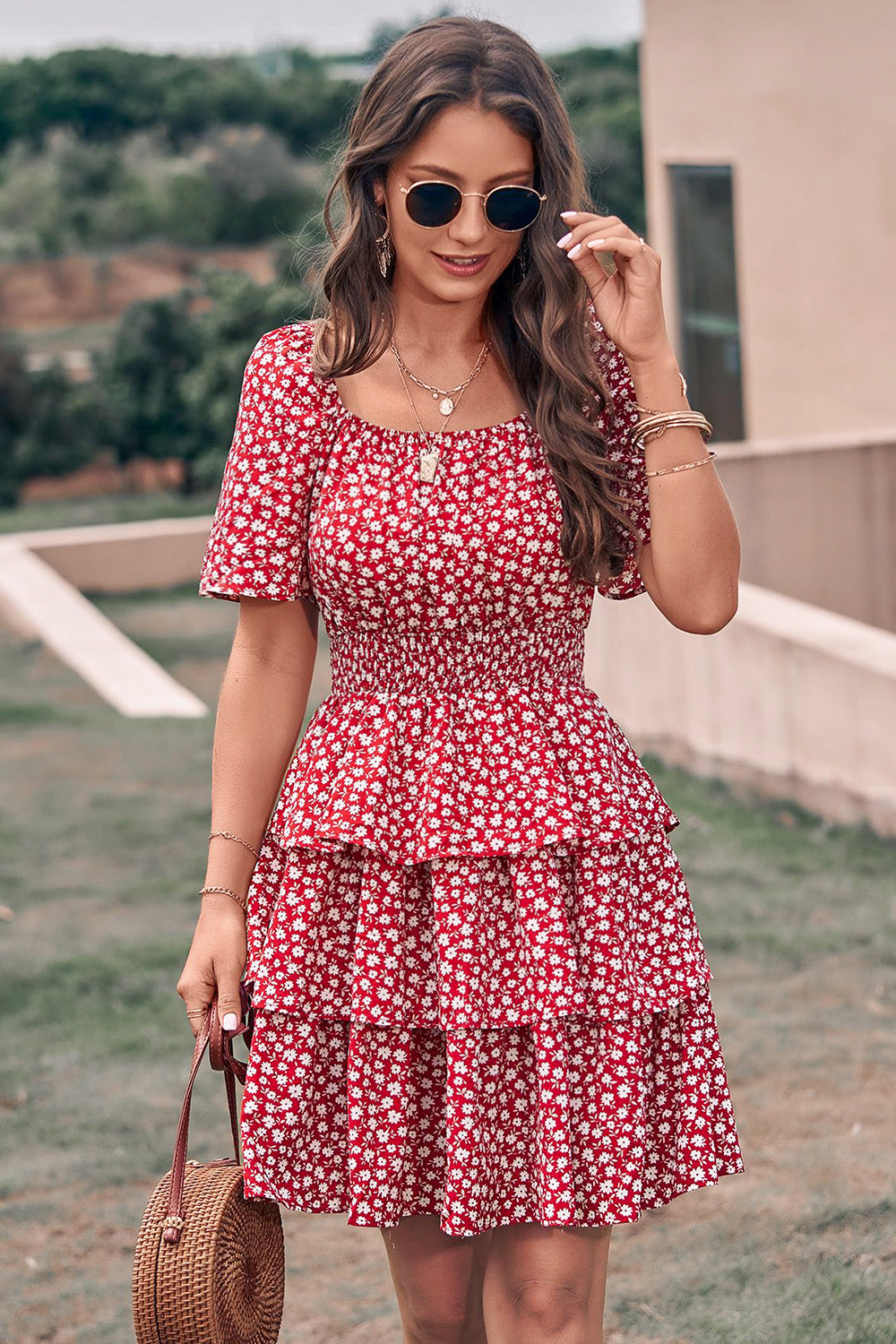 Floral Square Neck Short Sleeve Tiered Ruffle Boho Dresses