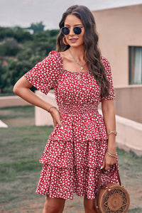 Floral Square Neck Short Sleeve Tiered Ruffle Boho Dresses