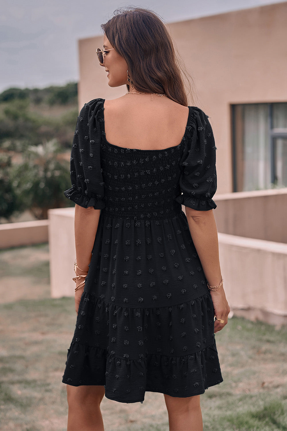 Summer Square Neck Swiss Dot Flowy A Line Swing Dress