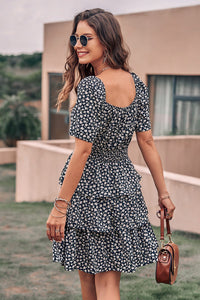 Floral Square Neck Short Sleeve Tiered Ruffle Boho Dresses