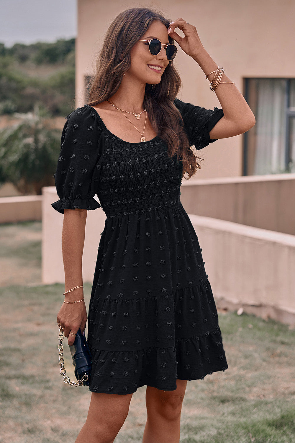 Summer Square Neck Swiss Dot Flowy A Line Swing Dress