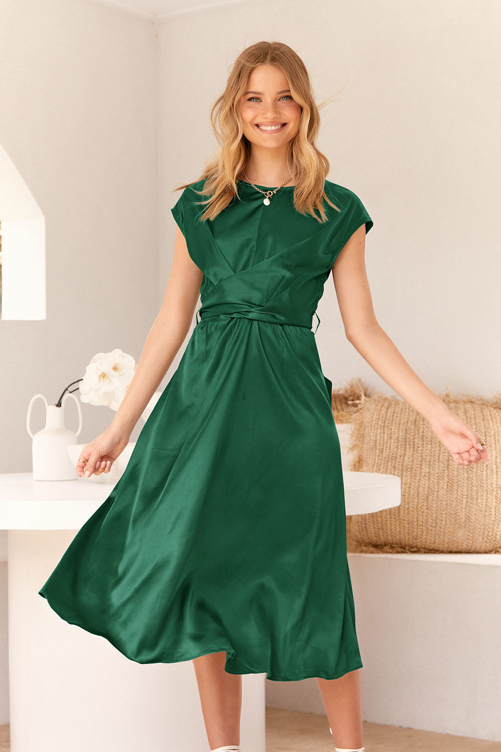 Cap Sleeve Tie Waist Elegant A-Line Midi Dresses