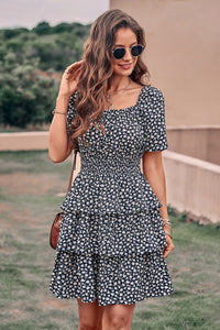 Floral Square Neck Short Sleeve Tiered Ruffle Boho Dresses