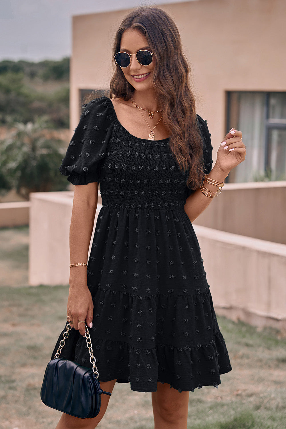 Summer Square Neck Swiss Dot Flowy A Line Swing Dress