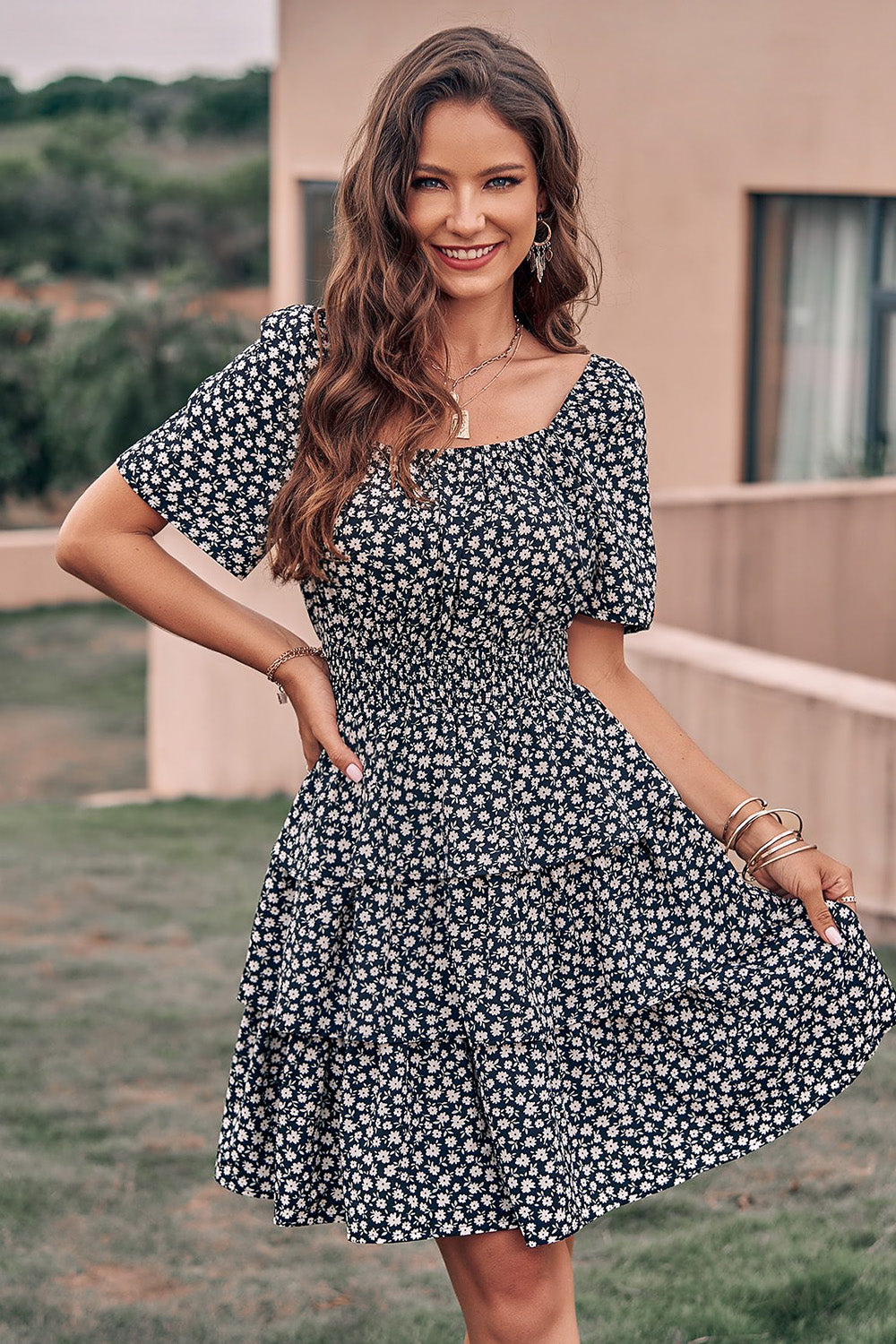 Floral Square Neck Short Sleeve Tiered Ruffle Boho Dresses