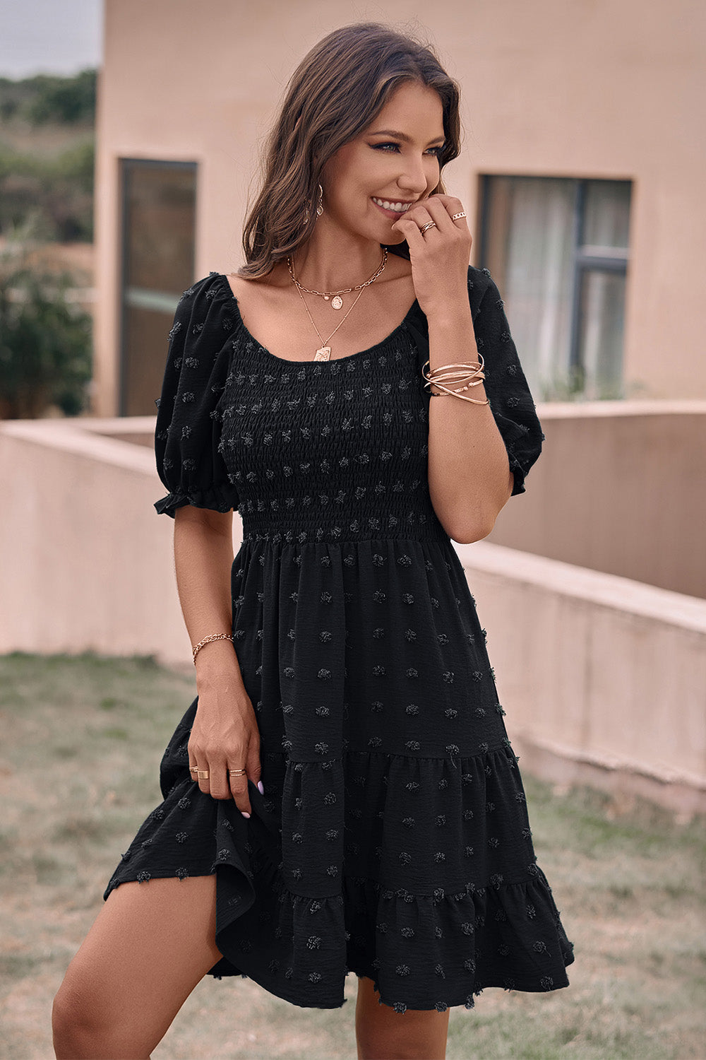 Summer Square Neck Swiss Dot Flowy A Line Swing Dress