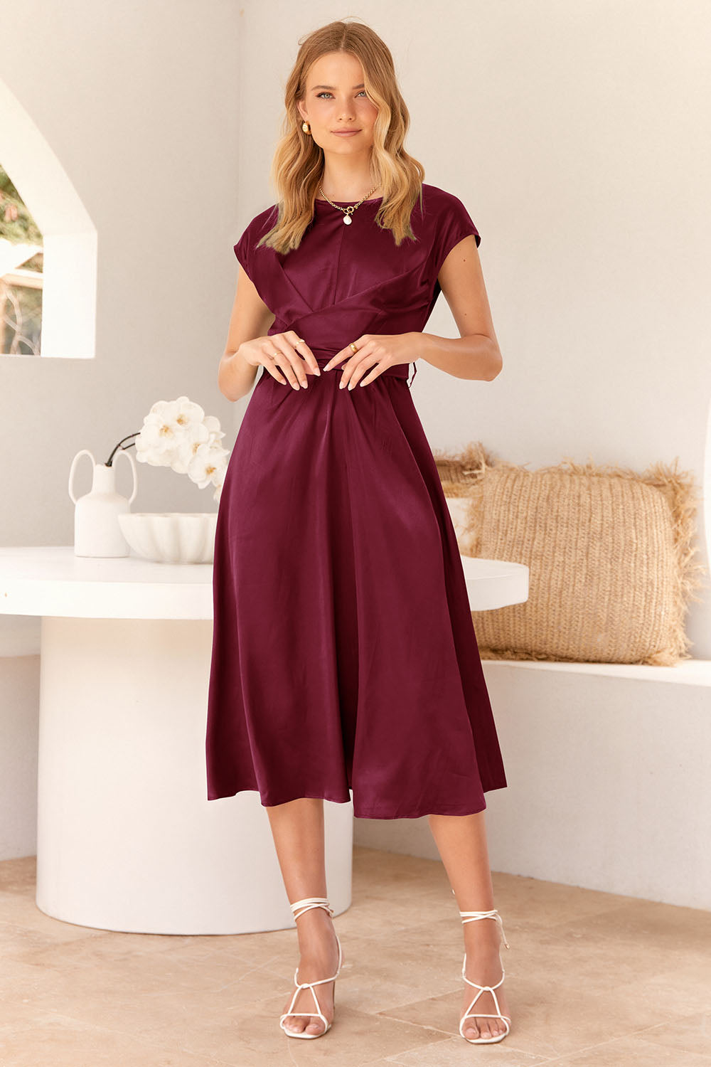 Cap Sleeve Tie Waist Elegant A-Line Midi Dresses