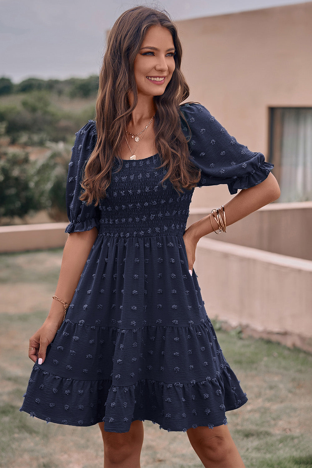 Summer Square Neck Swiss Dot Flowy A Line Swing Dress