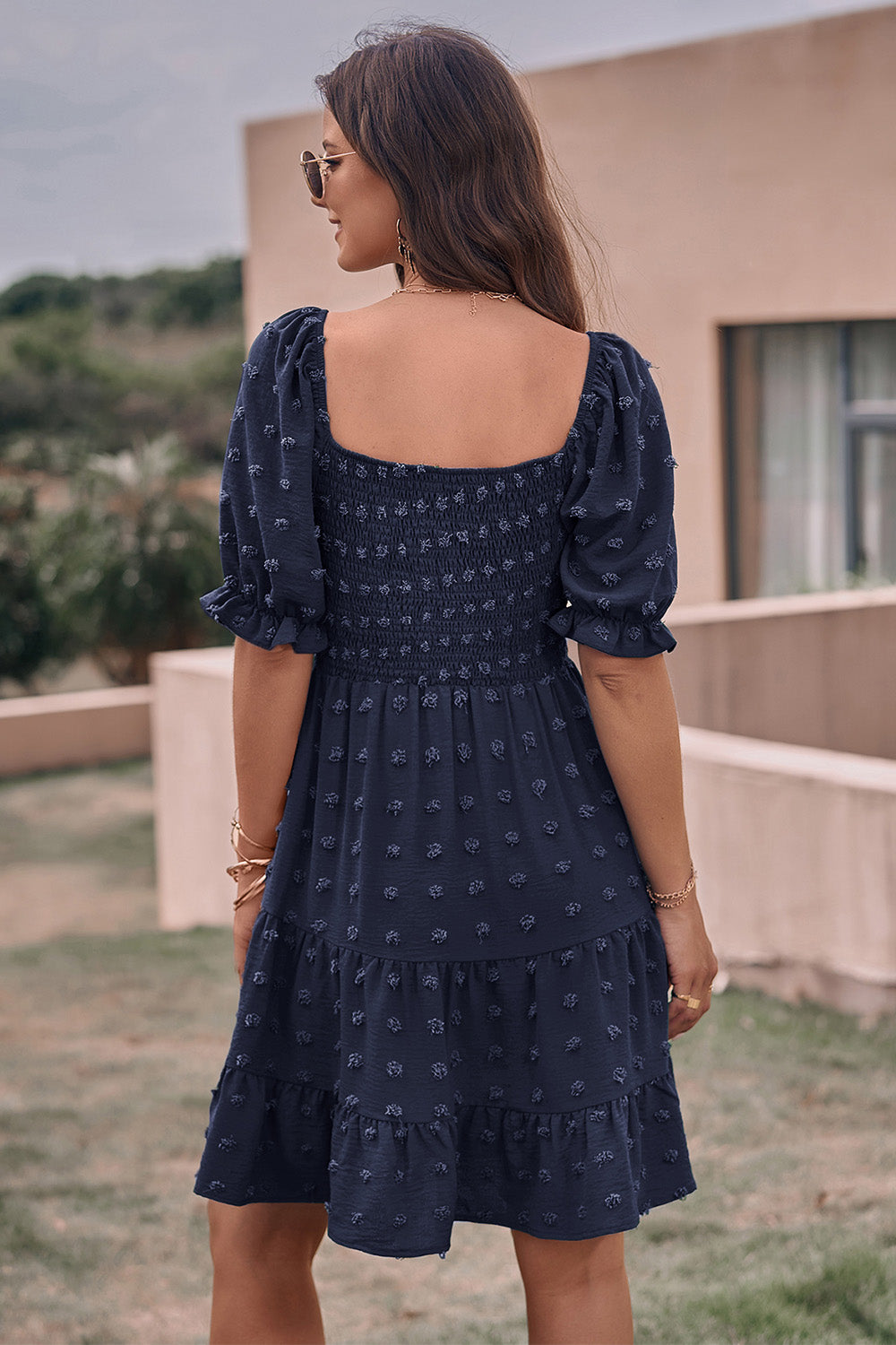 Summer Square Neck Swiss Dot Flowy A Line Swing Dress