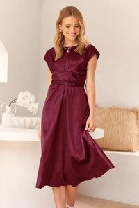 Cap Sleeve Tie Waist Elegant A-Line Midi Dresses