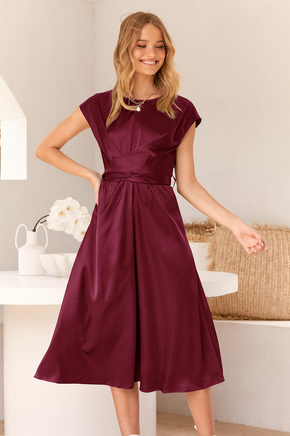 Cap Sleeve Tie Waist Elegant A-Line Midi Dresses