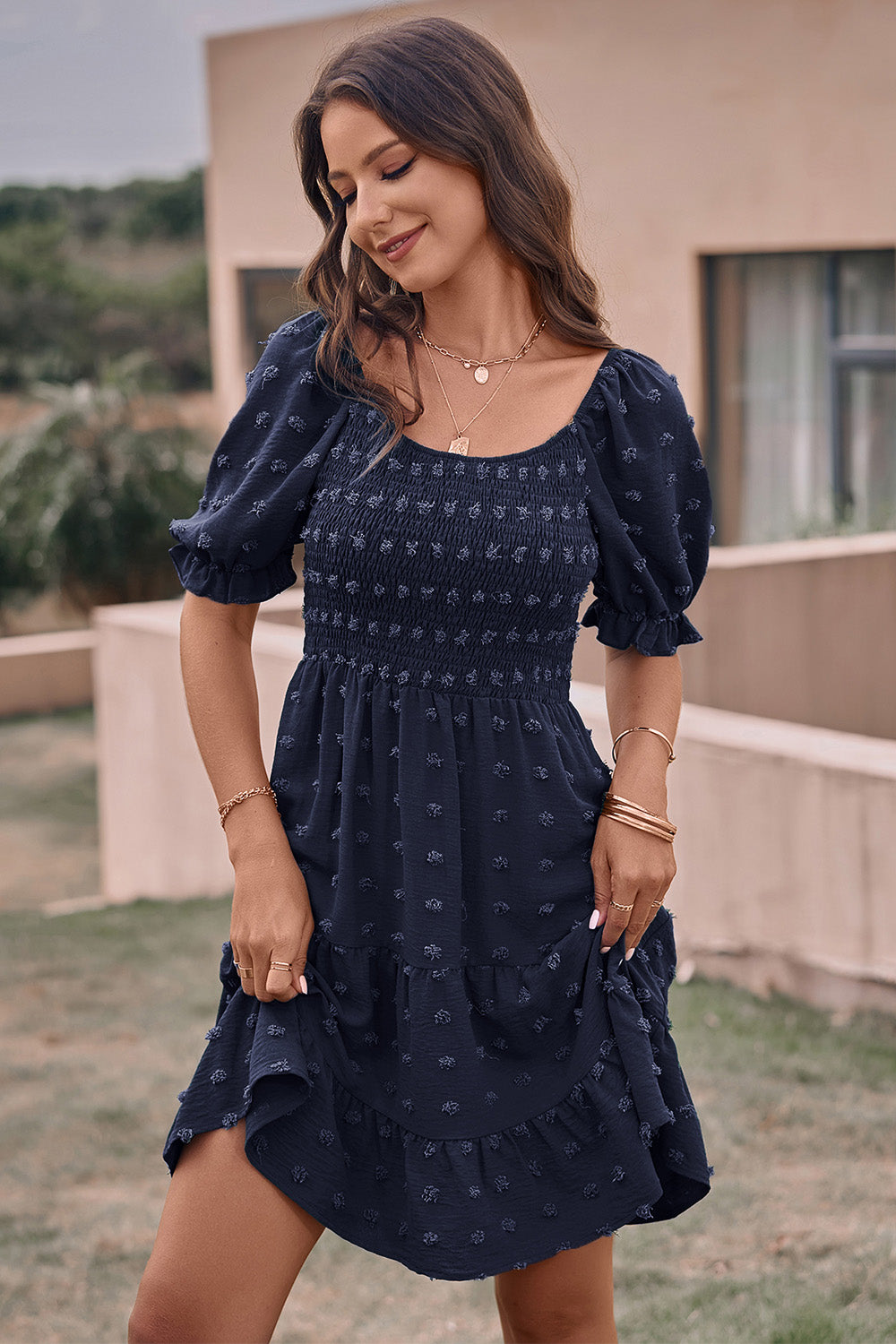 Summer Square Neck Swiss Dot Flowy A Line Swing Dress