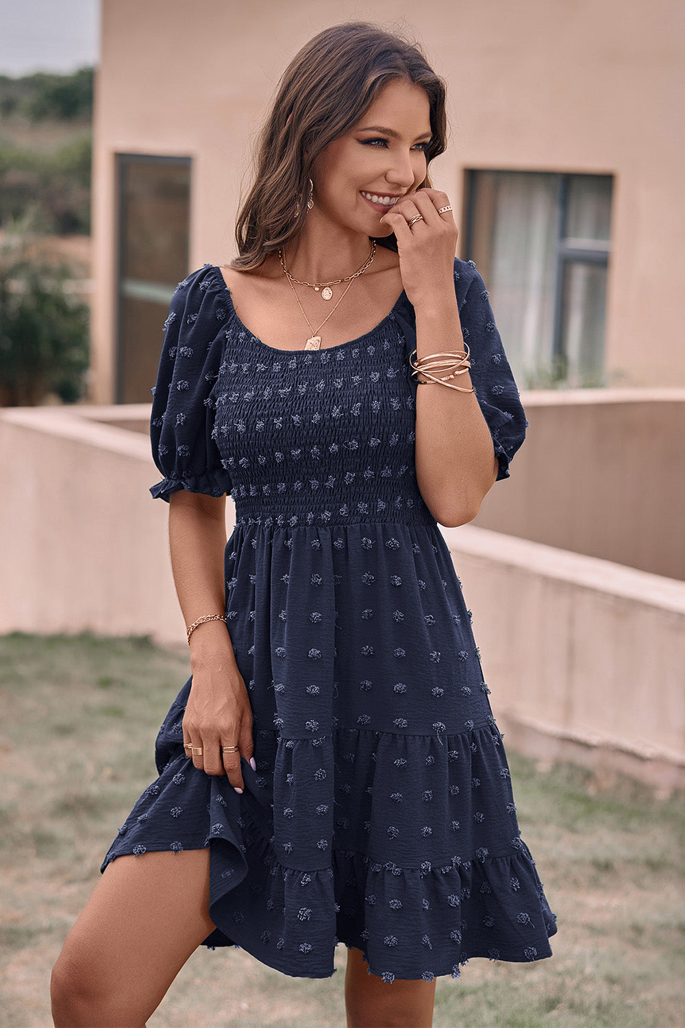 Summer Square Neck Swiss Dot Flowy A Line Swing Dress