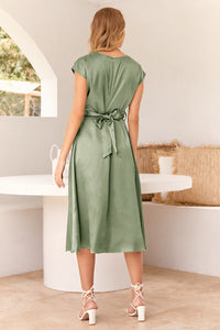 Cap Sleeve Tie Waist Elegant A-Line Midi Dresses