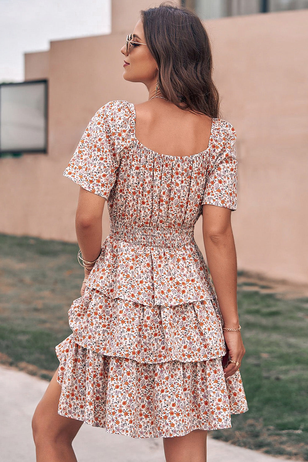 Floral Square Neck Short Sleeve Tiered Ruffle Boho Dresses