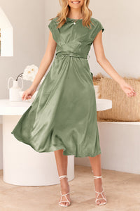 Cap Sleeve Tie Waist Elegant A-Line Midi Dresses