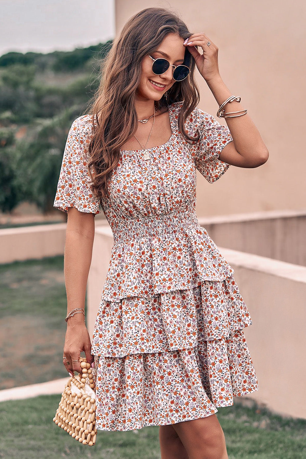 Floral Square Neck Short Sleeve Tiered Ruffle Boho Dresses