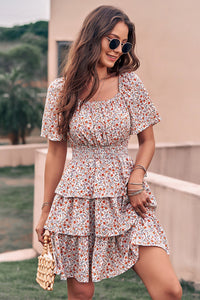 Floral Square Neck Short Sleeve Tiered Ruffle Boho Dresses