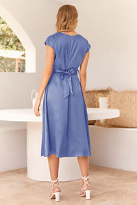 Cap Sleeve Tie Waist Elegant A-Line Midi Dresses