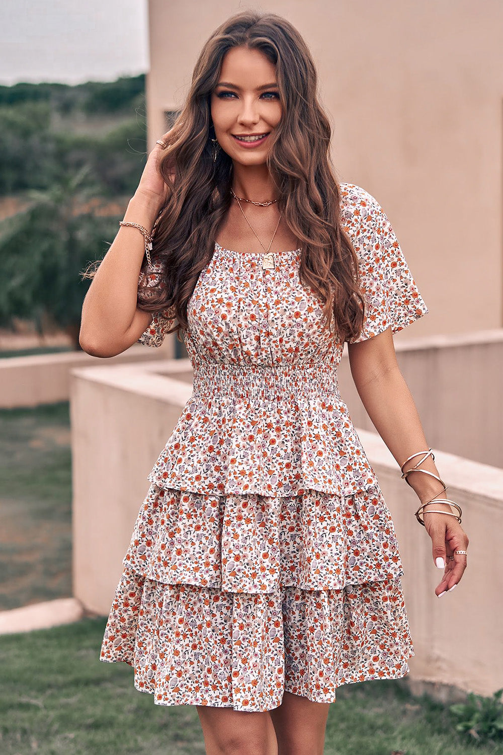 Floral Square Neck Short Sleeve Tiered Ruffle Boho Dresses