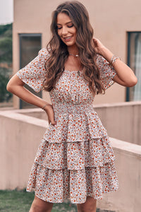 Floral Square Neck Short Sleeve Tiered Ruffle Boho Dresses