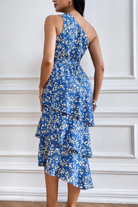 One Shoulder Tiered Ruffle Floral Boho Midi Dress