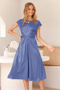 Cap Sleeve Tie Waist Elegant A-Line Midi Dresses