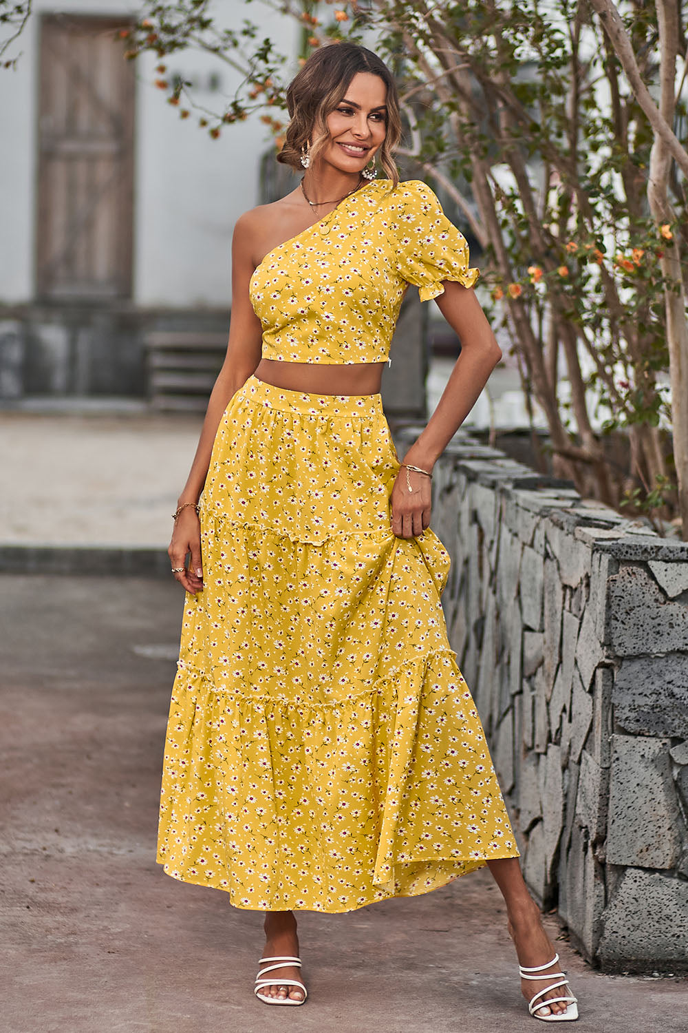 PrettyGarden One Shoulder Crop Top High Waisted Maxi Skirt Set