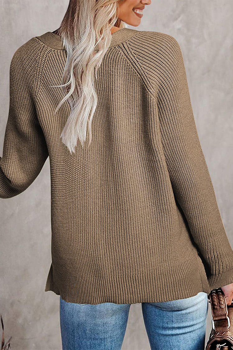 Half Button Raglan Sleeve V Neck Sweater