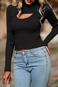 Two Piece Cutout Mock Neck Rib Knit Fitted Pullover Sweater