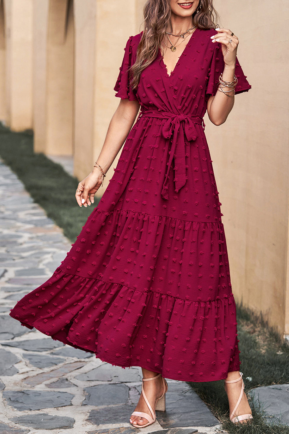 Wrap V Neck Flutter Tie Waist Boho Swiss Dot Maxi Dresses