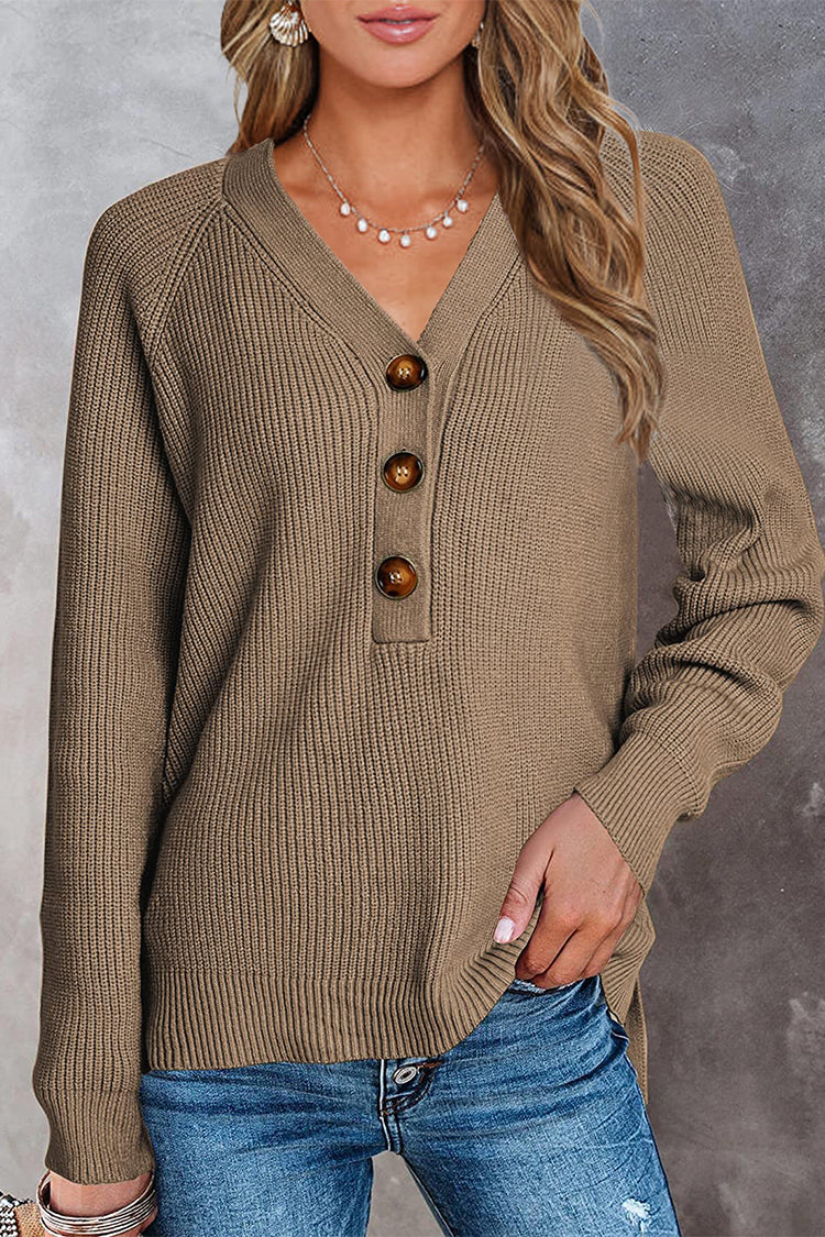 Half Button Raglan Sleeve V Neck Sweater